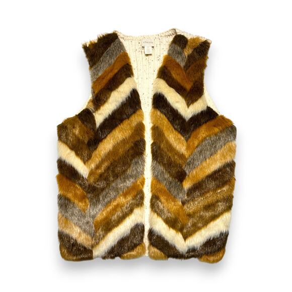 Vintage Chico's Faux Fur Brown Chevron Vest Knit Back Size 0 S/M - Picture 2 of 8